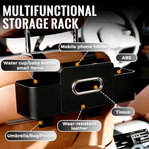 JSCARLIFE 3-in-1 Car Backseat Organizer with Cup Holder & Trash Bin,Multifunctional Seat Storage for Phones,Snacks & Handbags –Tissue Box & Hooks Included (Black) — view 3
