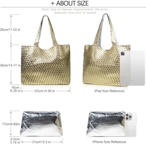 JINMANXUE Woven Tote Bag for Women, Large Summer Beach Travel Handbag and Purse Retro Handmade Shoulder Bags, Champagne Gold, One Size — view 2