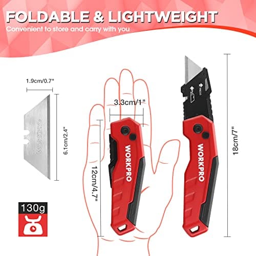WORKPRO Folding Utility Knife, Aluminium Box Cutter, Red — view 3