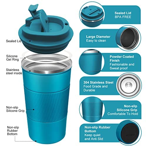 Dycietx Travel Mug with Leakproof Lid, Insulated Reusable Coffee for Hot&Cold Drinks/Tea, Portable Stainless Steel Thermal Takeaway Cup Car/Outdoor/Picnic/ Office/School (510ml Blue), CM03RD — view 3