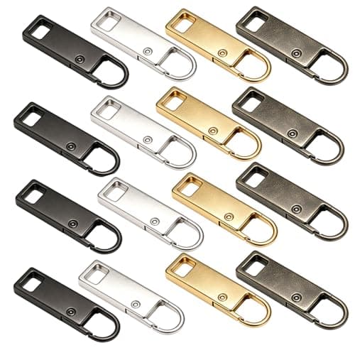 WADUBI Zipper Pull Replacement Set, 16 Pack Metal Zipper Pulls for Bags, Luggage, Suitcases, Jackets, Zip Repair Kit, Black Gold Gray Silver