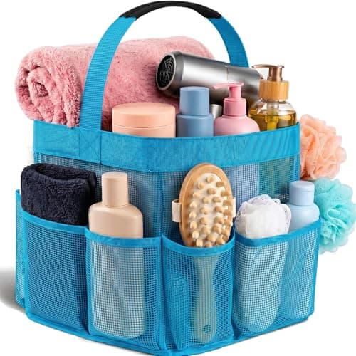 Masirs Shower Caddy Mesh - 9 Pocket Portable Bathroom Organizer Tote for Travel, Gym & Dorm - Collapsible Small Shower Caddy Bag to Hold Toiletries & Essentials (Blue)