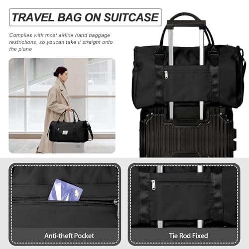 HYC00 Gym Bags Women Men Sports Duffle Bag with Shoes Compartment & Wet Pocket,Travel Duffel Bags for Women Large Weekend Overnight Holdall for Hospital Swimming Carry on Hand Luggage Bag,Black — view 5