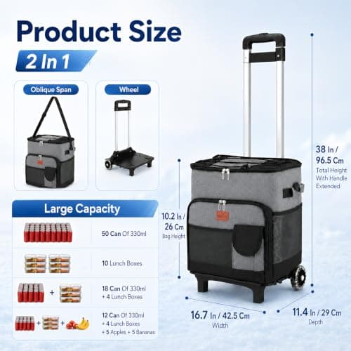 Cool Bag, 50L Large Cooler Box on Wheels, Leakproof Insulated Cooler Bag with Stable All Terrain Cart & Handle, Portable Wheeled Picnic Thermal Bag for Camping Beach Fishing Grocery Shopping Travel — view 6