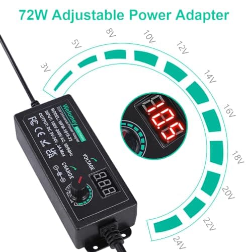Universal Power Supply 3V~24V 3A 72W Adjustable Variable 3V 5V 9V 12V 18V 20V 24V AC/DC Adapter Charger, 100V-240V AC to DC Converter with 14 Tips, Polarity Converter and 4-Way Power Splitter Cable — view 2