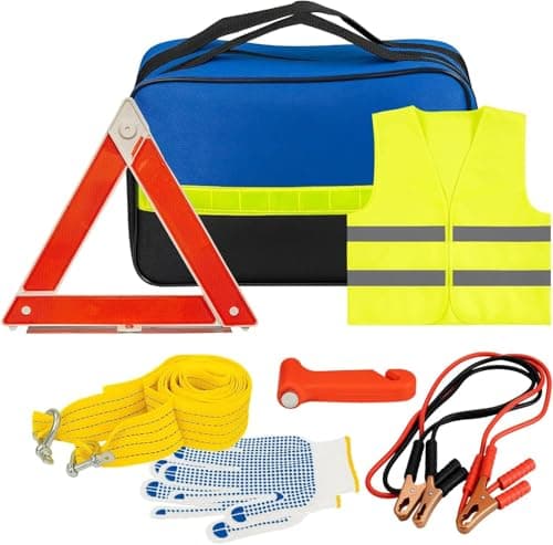 FERNVALE 7-in-1 Car Emergency Kit – Roadside Breakdown Assistance with Jump Leads, 3-Ton Tow Rope, Warning Triangle, Hi-Vis Vest, Emergency Hammer & Gloves, Portable Automotive Safety Tool