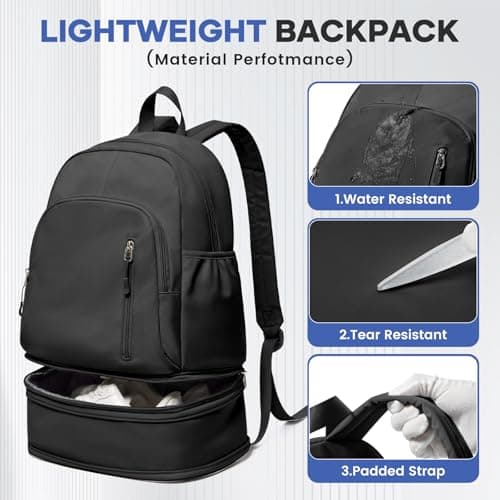 Gym Backpack Womens with Shoe Compartment, Foldable Travel Backpack Waterproof School Bags for Girls, Wet Pocket Carry On Lightweight Small Rucksack for Sports, Yoga - Black — view 4