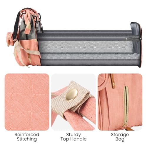 Minifactory Baby Changing Backpack with Changing Mat, Large Capacity Nappy Bag Backpack with 14 Organised Pockets, Waterproof Diaper Bag, Insulated Bottle Holder, USB Charging Port (Pink) — view 3
