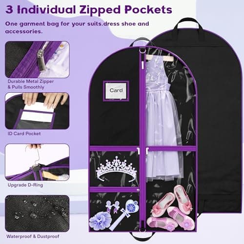 Costume Garment Bags for Dancers, Garment Bags with 3 Clear Zipper Pockets, Clothes Covers Protector Bags for Suits, Travel & Sports Jersey, Cheer Uniform, Cosplay (Purple, 1 Pack (40inches)) — view 2