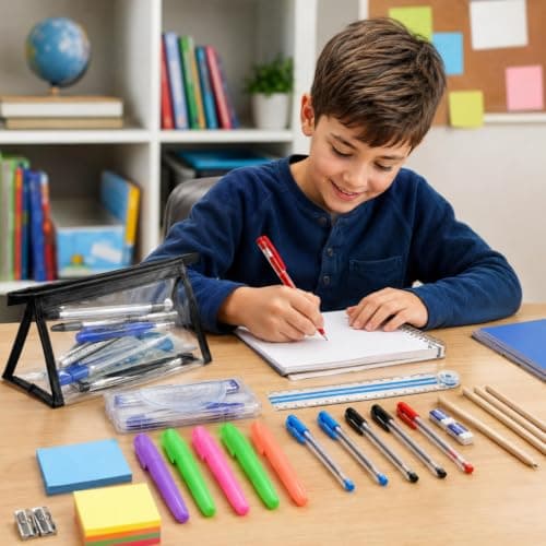 42PCS Back to School Stationery Sets, School Supplies Kit with Pencil Case, Notebook, Eraser, Sticky Notes, Pencil Sharpener, Compass Set, Highlighters, Pencils, Angle Ruler, Fountain Pens,Signing Pen — view 6