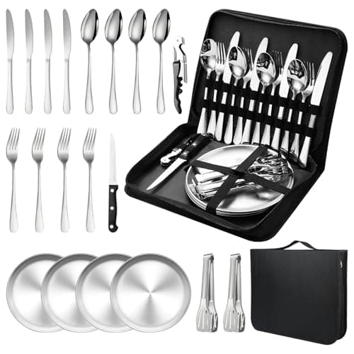 Camping Cutlery Set for 4 Person, 20pcs Stainless Steel Portable Tableware