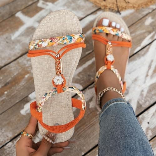 Momolaa Size 5.5 Womens Flat Sandals Wide Width Boho Bohemian Braided Flat Sandals Comfort Walking Beach Ankle Elastic Summer Shoes for Vacation Beach Travel Casual Dressy Orange Sandles — view 4