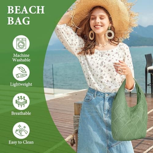 Aucuu Women Knitted Handbags, Retro Hollow Woven Shoulder Bags, Boho Shoulder Bag, Crochet Mesh Tote Bag, Beach Bag for Women, Travel Shopping Handbag for Holiday, Daily Work, Shopping, Travel-Green — view 6