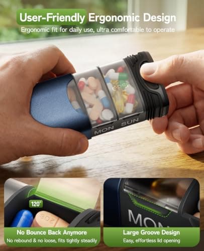 Weekly Pill Boxes 7 Day 1 Times A Day,Serfeymi Metal Pill Organiser(Spare Gasket Provide),Travel Tablet Dispenser,Daily Pill Case,Dosette Box,Medicine Holder for Medication,Supplement(Indiv Lid)-Blue — view 4