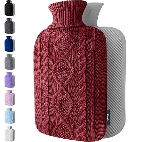Hot Water Bottle - with Soft Premium Knitted Cover - Burgundy, 2L - Heating Pad for Menstrual Cramps and Period Comfort - Bed Foot Warmer - Hot & Cold Compress for Back, Stomach, Neck Pain Relief