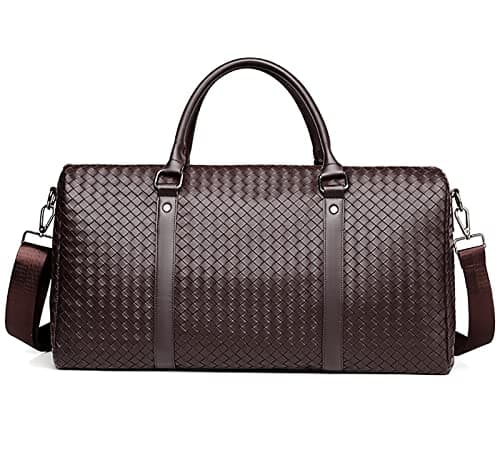 Leather Travel Duffle Bag for Men, Woven Carry On Weekender Overnight Bags for Business Sports Gym Brown