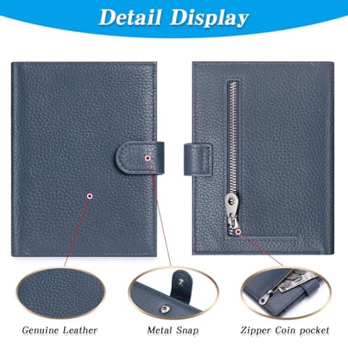 FREYAMIRA Passport Holder for Travel Women RFID Blocking Genuine Leather Passport Wallet with Card Slots, Zipper Coins Pocket, Cash Holder, Navy Blue — view 6