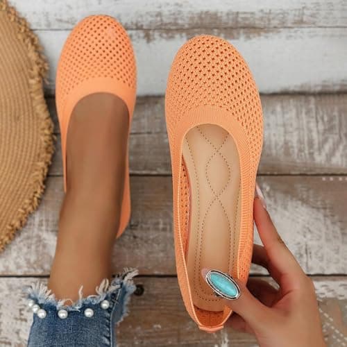 Women's Ballet Flats Wide Fit Slip On Shoes Breathable Knit Mesh Flat Shoes Lightweight Comfortable Pumps for Office Walking Travel Casual Wear Orange size 3 — view 2
