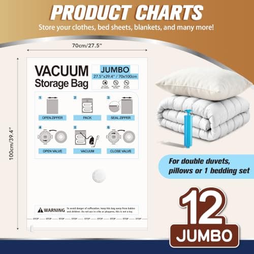 STORAGE MASTER Vacuum Storage Bags, Space Saver Bags 80% More Storage Space, With Hand Pump (12, Jumbo) — view 2