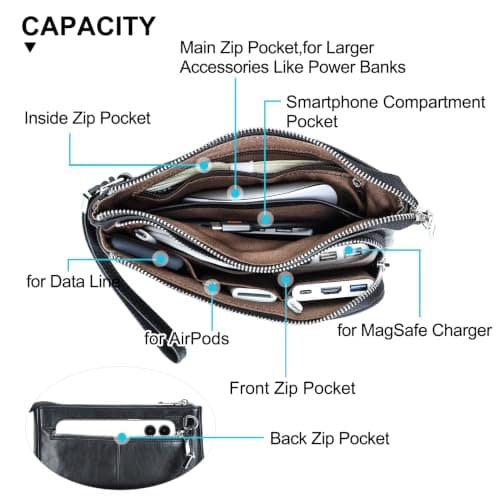 Electronic Organizer Zipper Bag Tech Kit, Top Grain Leather Handmade, Portable Compact Travel Apple Accessories Storage Pouch Fits Phone, USB Cables, Power Banks, Chargers, Hard Drive, Black — view 5