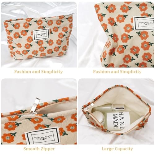 Aucuu Cosmetic Bags, 2 Pcs Small Floral Canvas Cosmetic Bag, Rose Flower Printing Corduroy Toiletry Bag, Multifunctional Travel Makeup Bag with Metal Zipper for Women Girls Gift — view 3