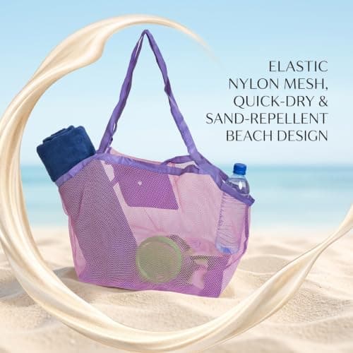 Large Mesh Beach Bag,Beach Toy Bag for Kids,Mesh Beach Bags,Foldable Toys Net Tote Bags Waterproof Lightweight for Sand Storage for Wet Towels Swim Pool Travel Essentials Accessories (40x24x38 cm) — view 4