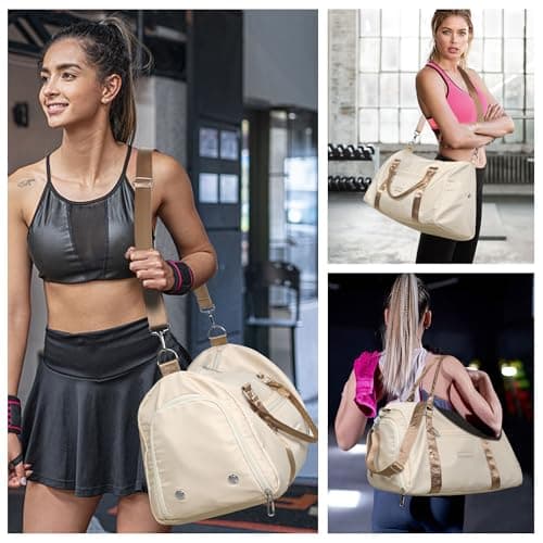FIORETTO Womens Gym Sports Bag Travel Bag with Shoes Compartment & Wet Pocket, Weekend Overnight Duffle Hospital Bag Carry On Bag Holdall for Travel Swimming Beige & Brown — view 6
