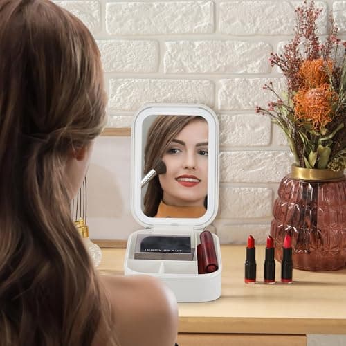 JIZZU Makeup Bag with Mirror, Lighted Vanity Case for Travel, Lighted Cosmetic Case with 3 Color Light, Portable Travel Cosmetic Organiser with Compartments for Women Outing Trip Tour(White) — view 6
