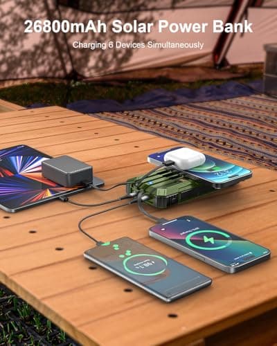 Solar Power Bank, 26800mAh Power Bank with 4 Built-in Cables, Portable Charger with USB-C Fast Charging, Qi Wireless Charging with LED Flashlights, for Cell Phones, Tablets, and Camping — view 2