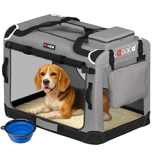CADOCA Dog Crate Carrier, Car Foldable Travel Cage + Bowl, L Light Grey