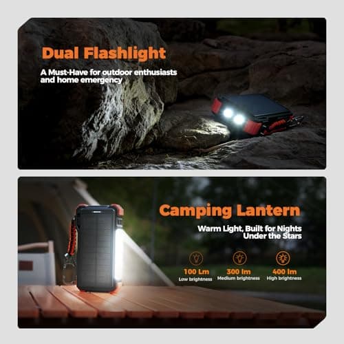 BLAVOR Solar Power Bank with Built in Cable 20000mAh Fast Charging Portable Charger, 20W USB C Battery Pack for Mobile Phones with Camping Light, Flashlight, Wireless Charging for Apple Watch — view 6