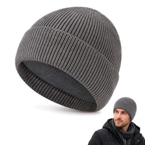 WHJYCC Light Grey Ribbed Beanie Hat, Fleece Lined Winter Knit, One Size