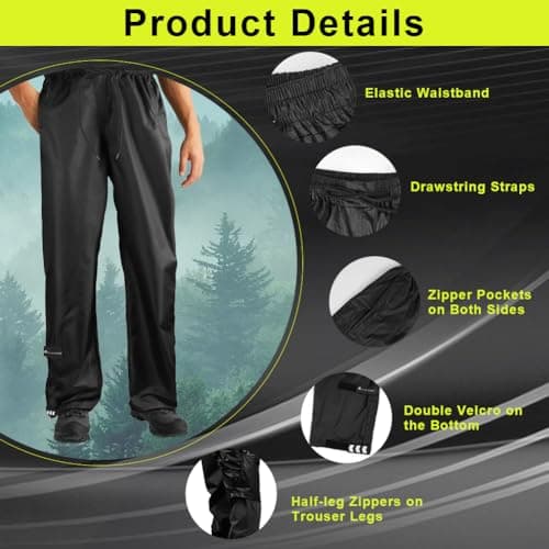 Flintronic Men's Black-velcro Size L Waterproof Windproof Breathable Polyester Rain Pants with Zip Pockets for Hiking, Cycling, and Other Outdoor Activities — view 4