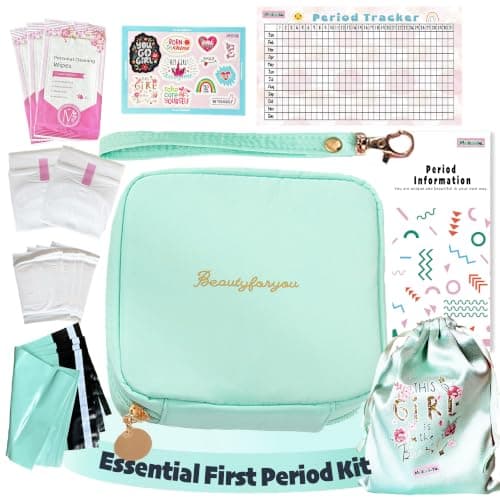 Essential First Period Kit for Girls 10-12 | Period Bags for Teen Girls for School | First Period Gift with Sanitary Pad Storage Bag, Wipes, Period Tracker and More(Mint)