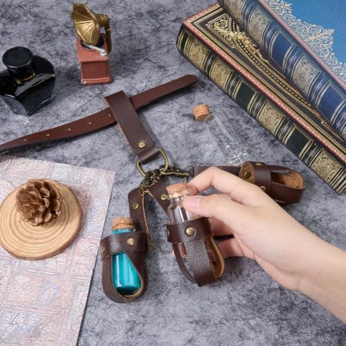 SUPERFINDINGS Medieval Glass Cork Potion Bottle with PU Leather Holder Brown Medieval Alchemy Belt Bag Retro Belt Pouch Waist Pack with 3PCS Bottle Wizard Waist Pouch for Costume Cosplay Accessory — view 3