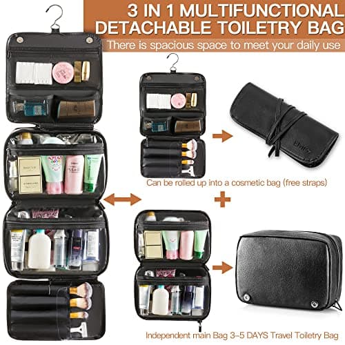 Elviros Hanging Toiletry Bag for Men, 3-in-1 PU Leather, Black — view 2