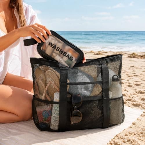 Large Mesh Beach Bag for Women Lightweight Tote Bag with a Clear Wash Bags — view 2