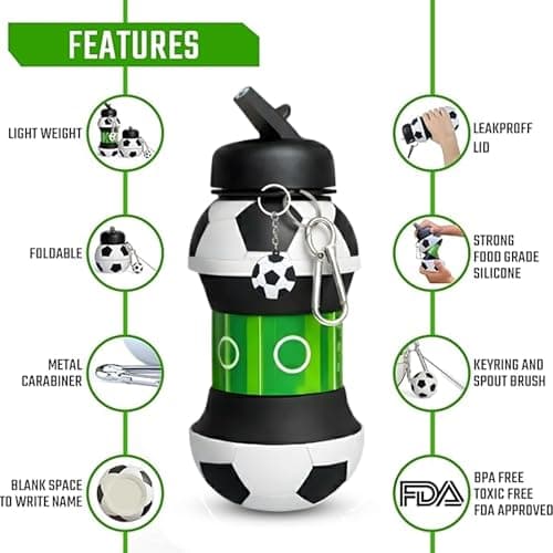 Mastery Football Collapsible Water Bottle - Football Gifts for Boys and Girls - Collapsible Water Bottle with Keychain Birthday Gift - Silicone Expandable Sports Water Bottle 550ml (Block-C) — view 3
