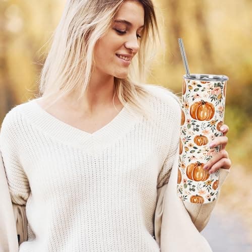 Whaline Fall Tumbler with Lid and Straw Watercolor Pumpkin Flower Stainless Steel Cup Autumn Tumbler Cup Travel Coffee Mug for Fall Thanksgiving Decor Gift Supplies — view 6