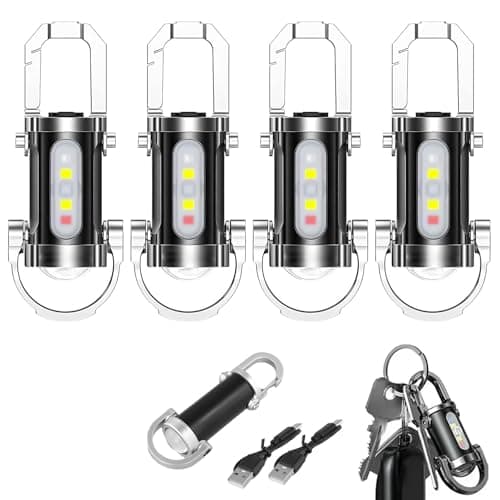 4 Pack 600LM Mini Keychain Flashlight Rechargeable, LED Keyring Torch Waterproof Led Pocket Torch Keyring Light 7 Modes Multifunctional Flashlights for Outdoor, Camping, Hiking [Energy Class A+++]