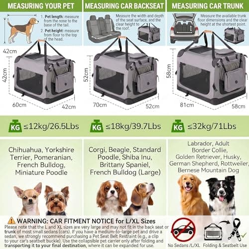 Morpilot Large Dog & Cat Carrier | Soft-Sided Pet Travel Crate, Foldable Dog Car Crate, with Collapsible Bowl, Shoulder Strap & Storage Pockets, XL, Grey, (Max 32kg) — view 3