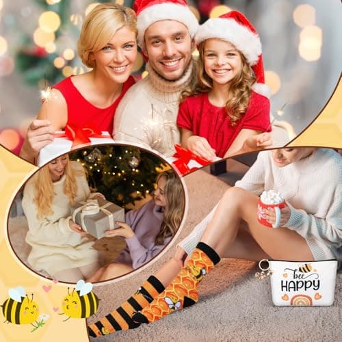 Xuniea 3 Pcs Thank You Gifts Set Women Inspirational Travel Cosmetic Bag Themed Keychain and Socks for Staff Teachers Nurses Christmas Birthday Gift(Bee Style,Yellow and Black) — view 2