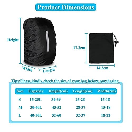 Waterproof Backpack Cover with Reflective, 15L-25L Rucksack Rain Cover with Storage bag, Rainproof Rucksack Cover for Hiking Camping Traveling Cycling (Black, S) — view 2