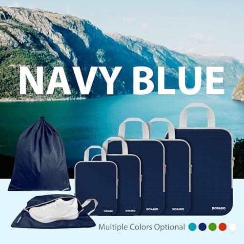 Doxaso Compression Packing Cubes Ultralight Expandable Suitcase Organizer Bags Water Repellent Travel Organizer for Backpack 7 PCS Dark Blue — view 2
