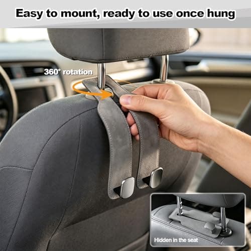 Rdunulioo 2 Pcs Car Bag Hook, 2 in 1 Car Seat Organiser, Headrest Hooks for Back Seat, Universal car Accessories Interior, Car Hooks for Hanging Bags Purses Handbags (Grey) — view 5