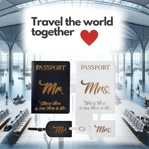 His and Hers Giftable Travel Pack | 2 x Passport Covers and 2 x Luggage Tags | Designed Especially for Couples Travel Lovers | Suitable Wedding Gift | Cute and Thoughtful | PU leather Black and White — view 2