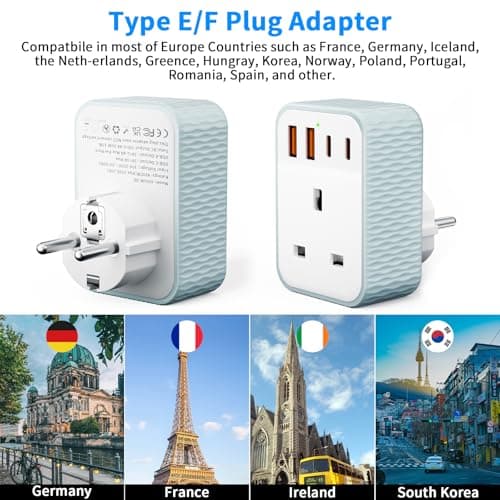 Vecbmn 2 Pack UK to European Plug Adapter, EU Schuko Travel Adaptor with 4 U-S-B Ports(2 USB C & 2 USB A), Travel Adaptors UK to EU for Germany Spain France Poland Netherlands Iceland(Type E/F) — view 6