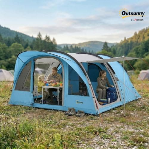 Outsunny 4 Person Easy Setup Family Camping Tent, 2 Rooms, Sky Blue & Grey — view 2