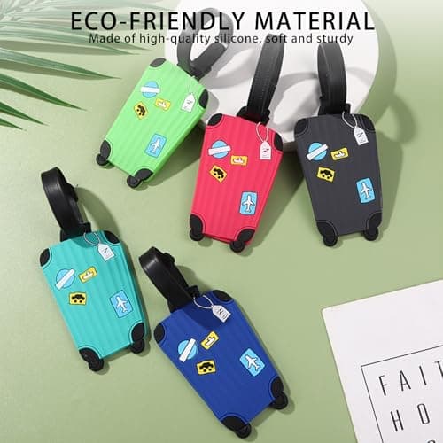 5 Pack Silicone Luggage Tags, Cute Cartoon Design Flexible Waterproof Baggage Tags with PVC Clear Window and Double Buckle, for Suitcases Backpacks Handbags - Holds Business Cards Student ID Bus Pass — view 3