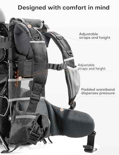 besrey Baby Backpack Carrier, Toddler Hiking Backpack with Safety 3-Height Seat, Adjustable Straps&Waist Belt, Foldable Frame Lightweight Large Capacity Child Carrier for Hiking (Shiny Black) — view 2